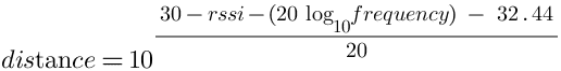 The distance is equal to ten raised to the power of the fraction where the numerator is 30 minus the received signal strength indicator (RSSI) minus twenty times the base ten logarithm of the frequency minus 32.44, and the denominator is 20.